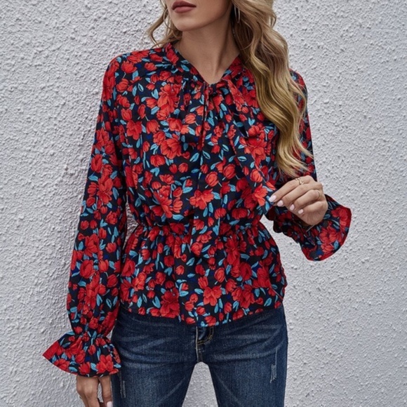 Boho Red Floral Lantern Sleeve Peplum Top Casual - Picture 3 of 4